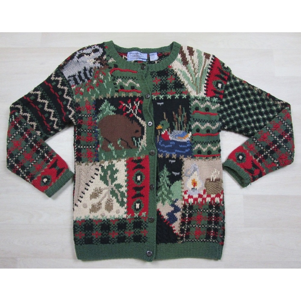 Vintage 90s Northern Isles Cardigan Sweater (L) Patchwork Forest Animal Fall